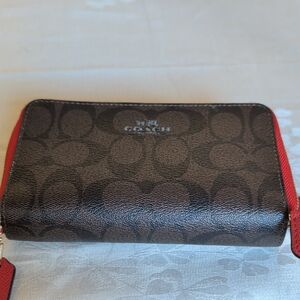 Coach Signature Brown and Red Zip Wallet
